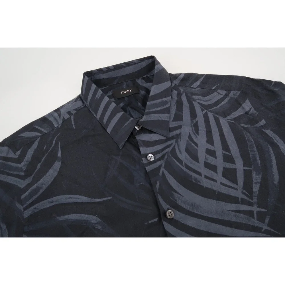 Theory Mens Medium Irving Saygo Shirt Palm Leaves Floral Black Gray SS Button Up